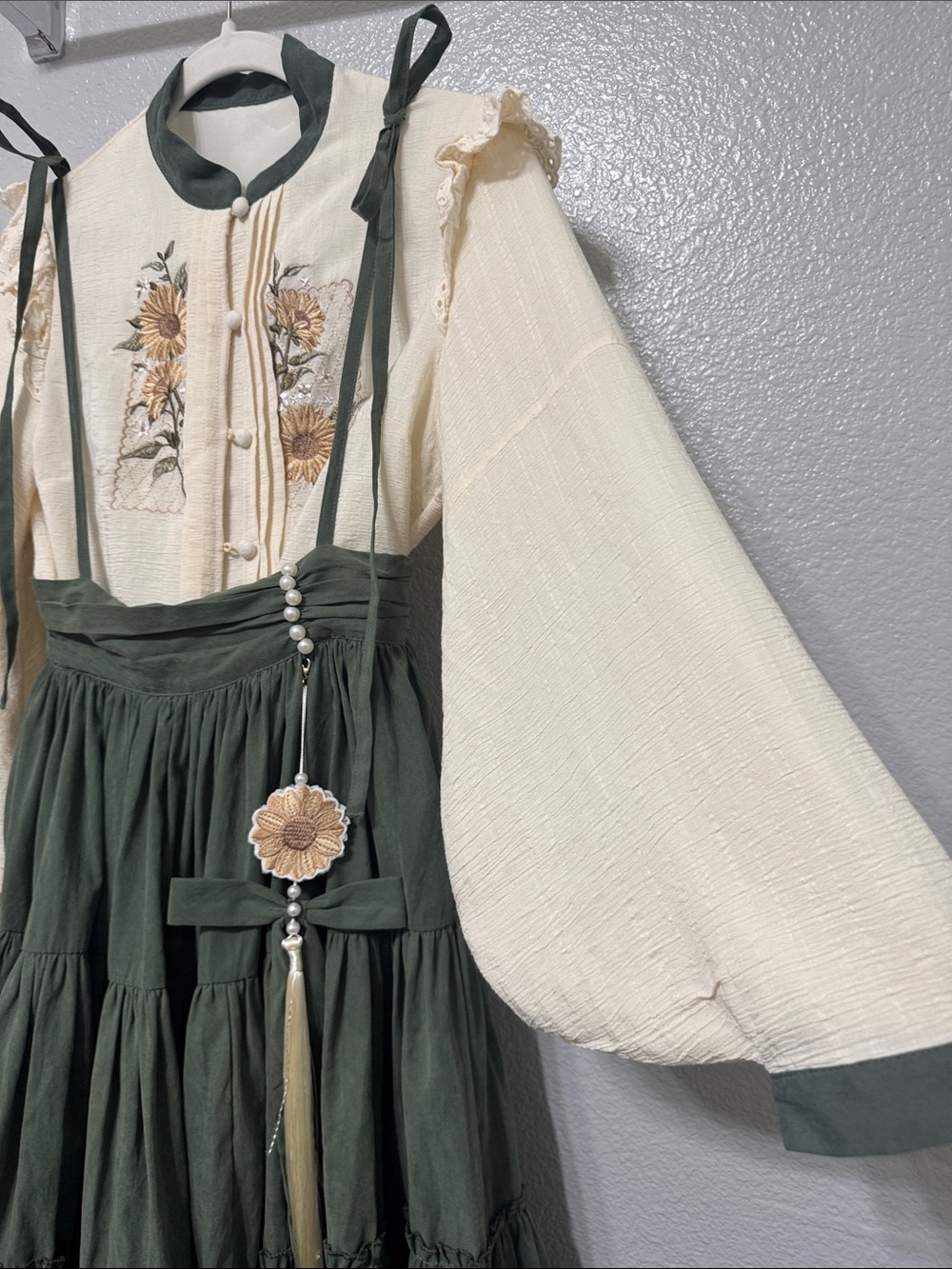 Cream & Olive Floral Embroidered Long Sleeve Dress with Suspender Skirt - Picture 6 of 16